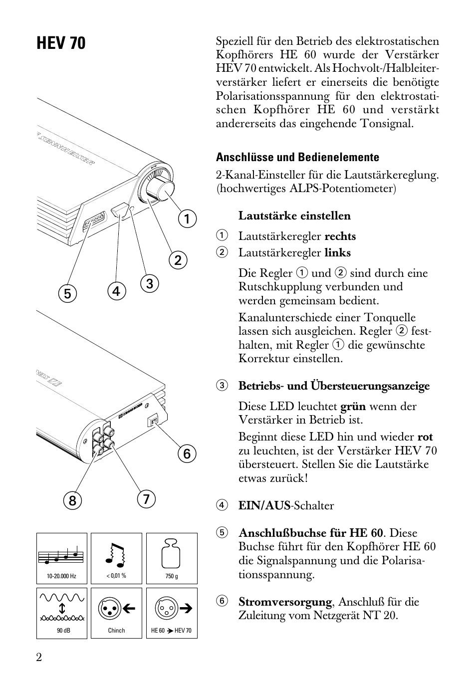 Gebrauchsanleitung, Anschlüsse und bedienelemente, Hev 70 | Sennheiser Electrostatic Amplifier HEV70 User Manual | Page 2 / 19