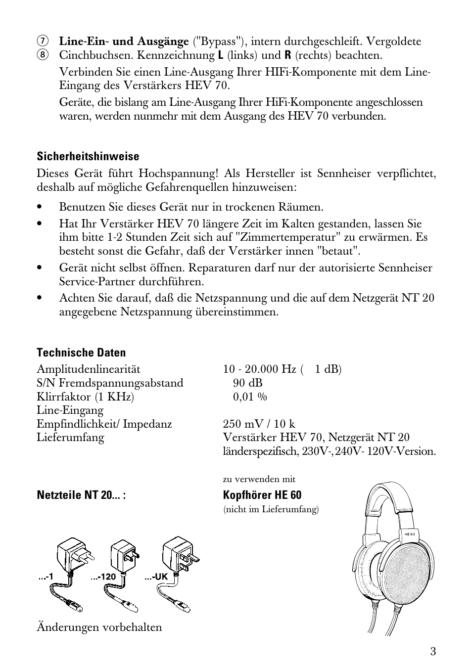 Sicherheitshinweise, Technische daten | Sennheiser Electrostatic Amplifier HEV70 User Manual | Page 3 / 19