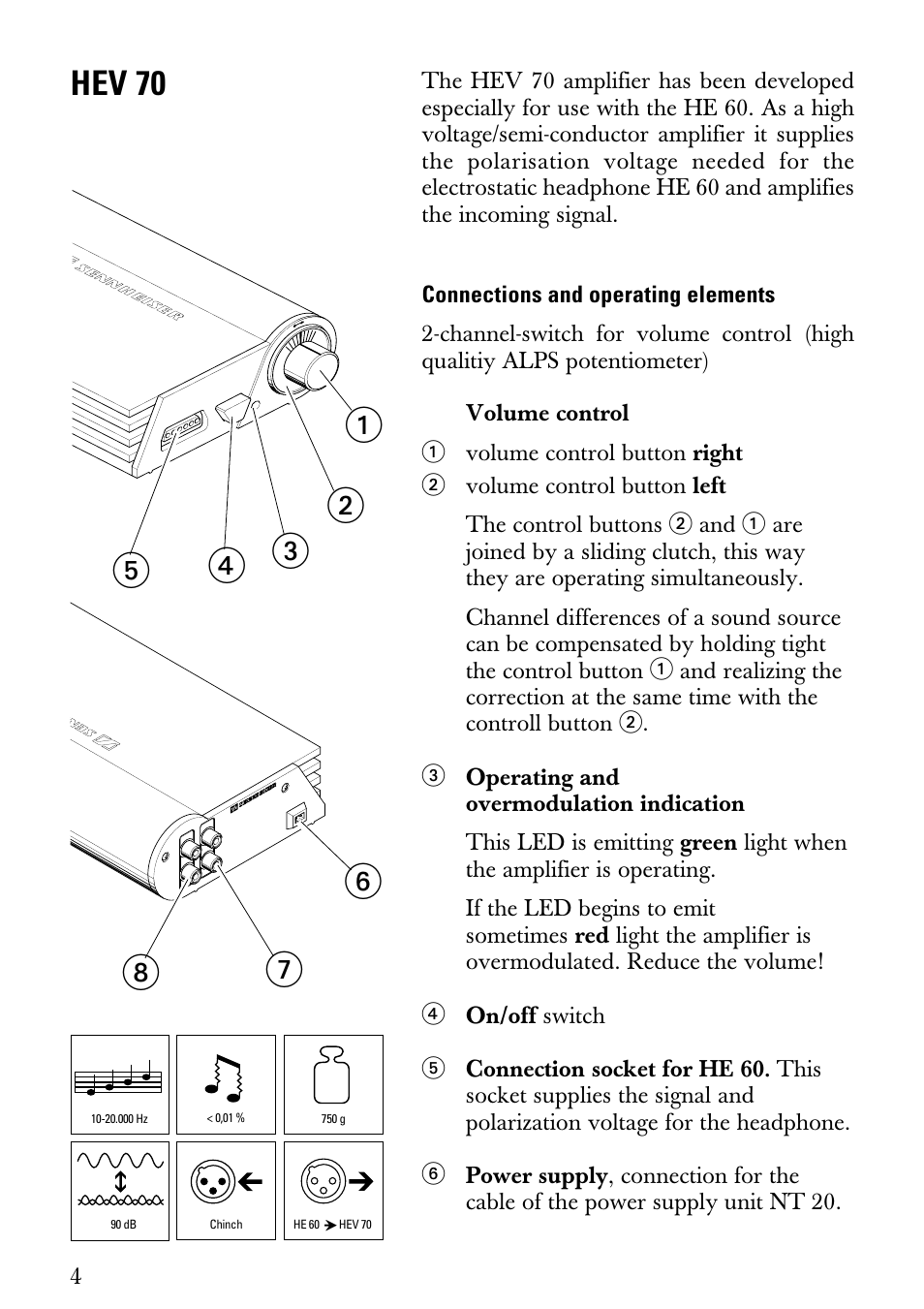 Instructions for use, Connections and operating elements, Hev 70 | Sennheiser Electrostatic Amplifier HEV70 User Manual | Page 5 / 19