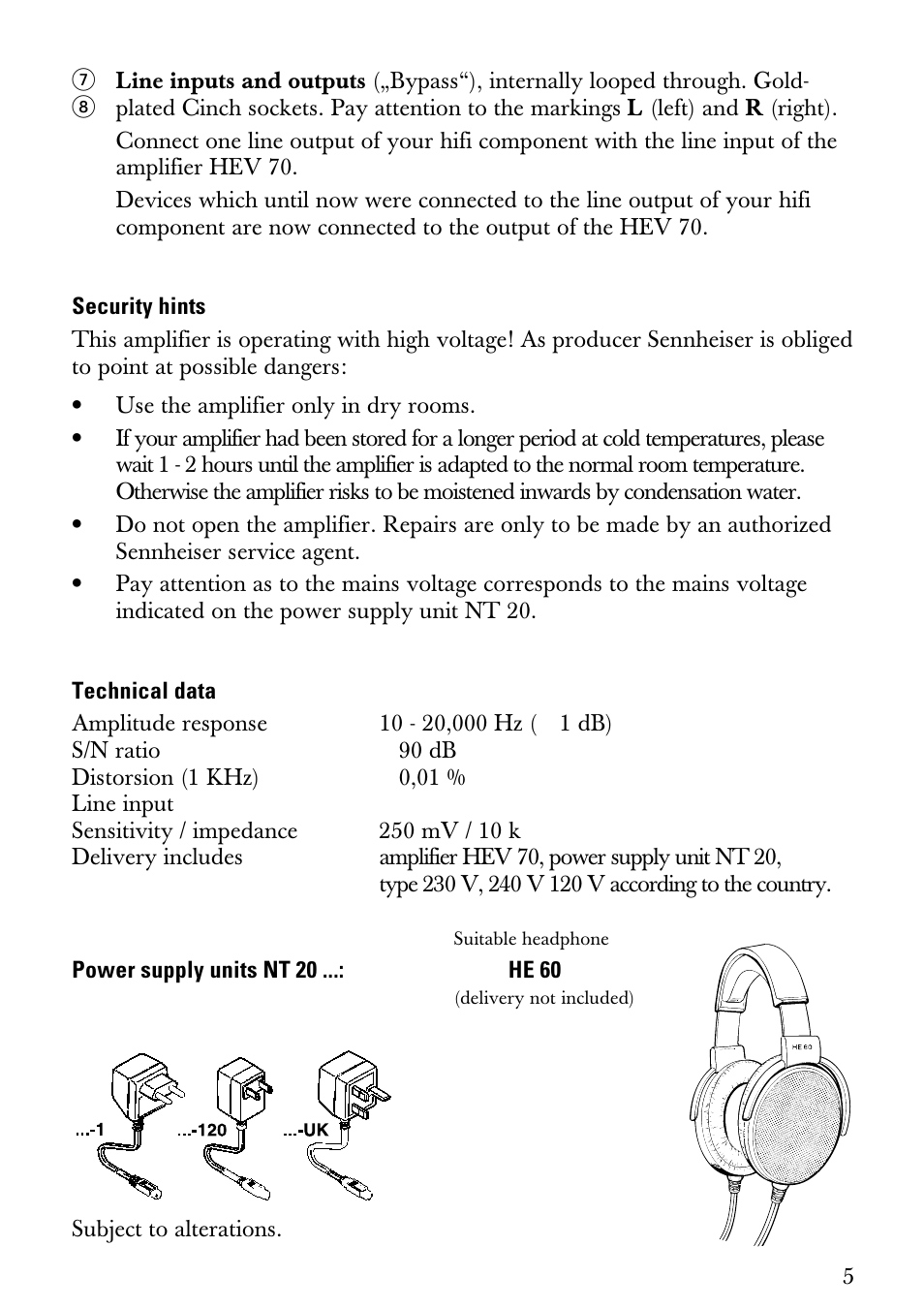 Security hints, Technical data | Sennheiser Electrostatic Amplifier HEV70 User Manual | Page 6 / 19