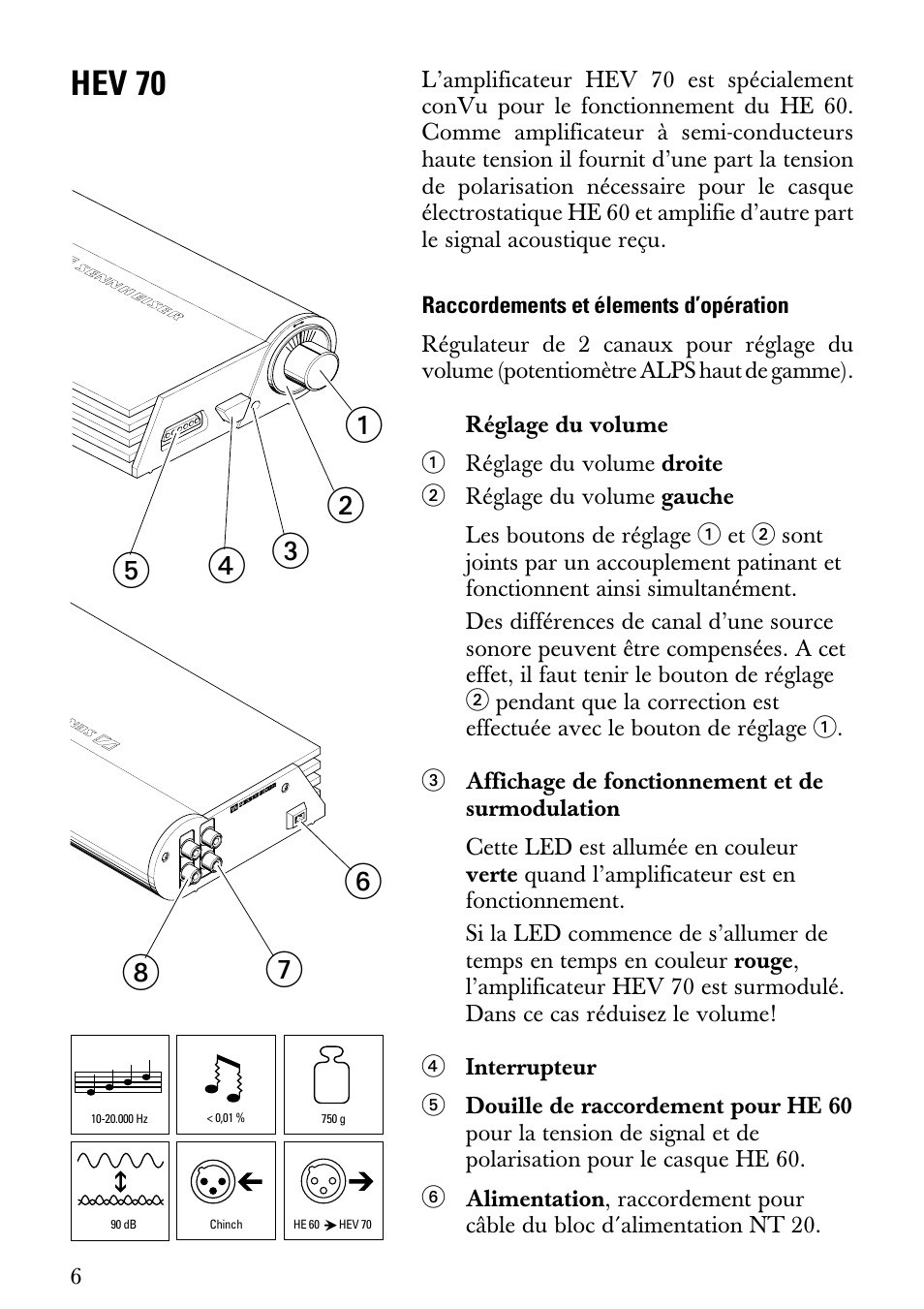 Notice d'emploi, Raccordements et élements d’opération, Hev 70 | Sennheiser Electrostatic Amplifier HEV70 User Manual | Page 8 / 19