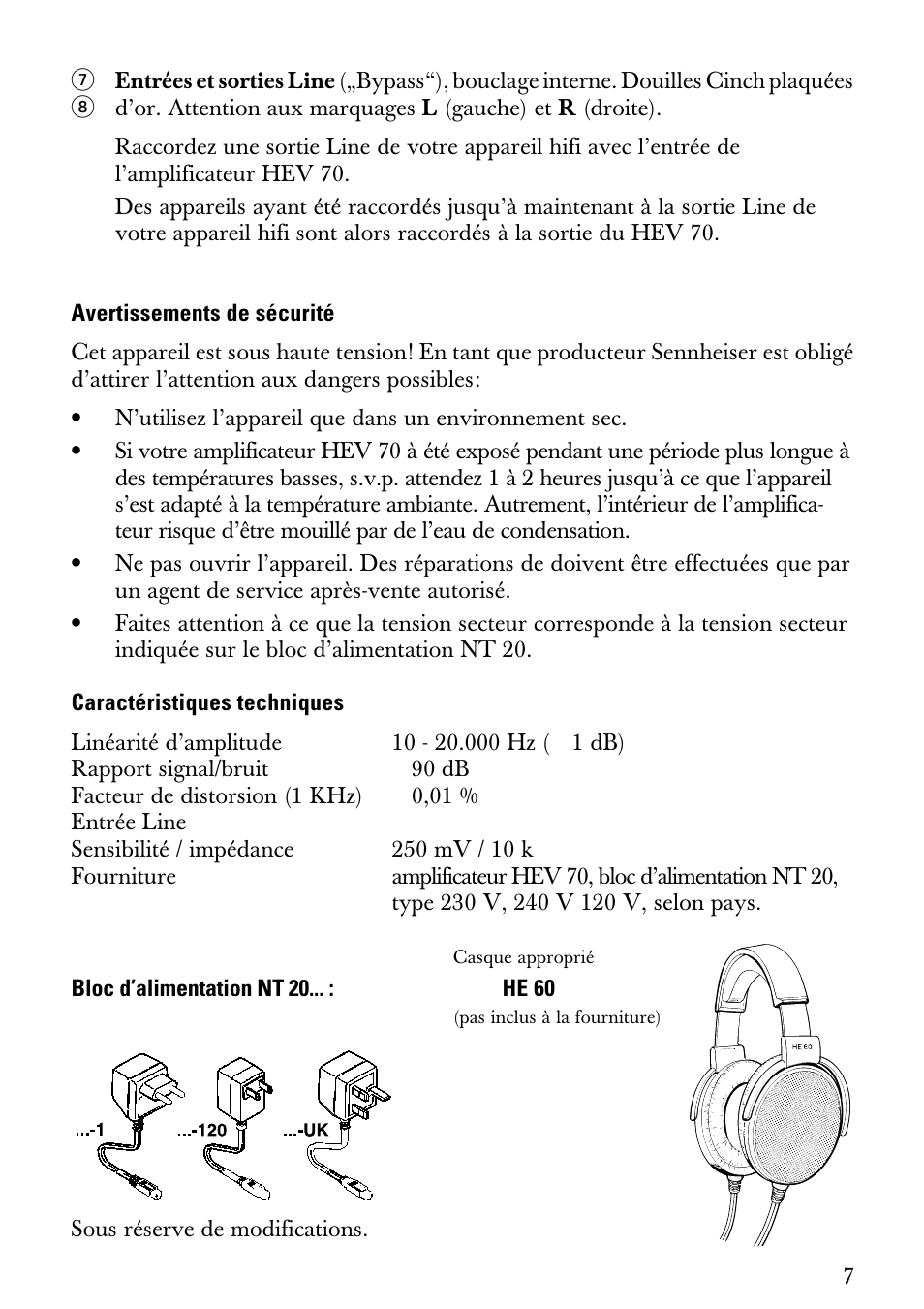 Avertissements de sécurité, Caractéristiques techniques | Sennheiser Electrostatic Amplifier HEV70 User Manual | Page 9 / 19