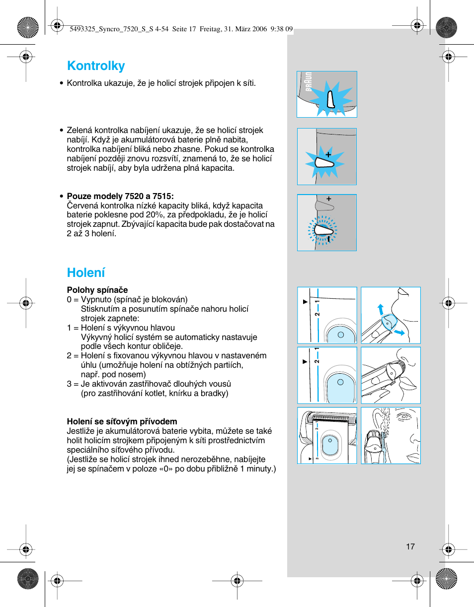 Kontrolky, Holení | Braun 7515 User Manual | Page 17 / 53