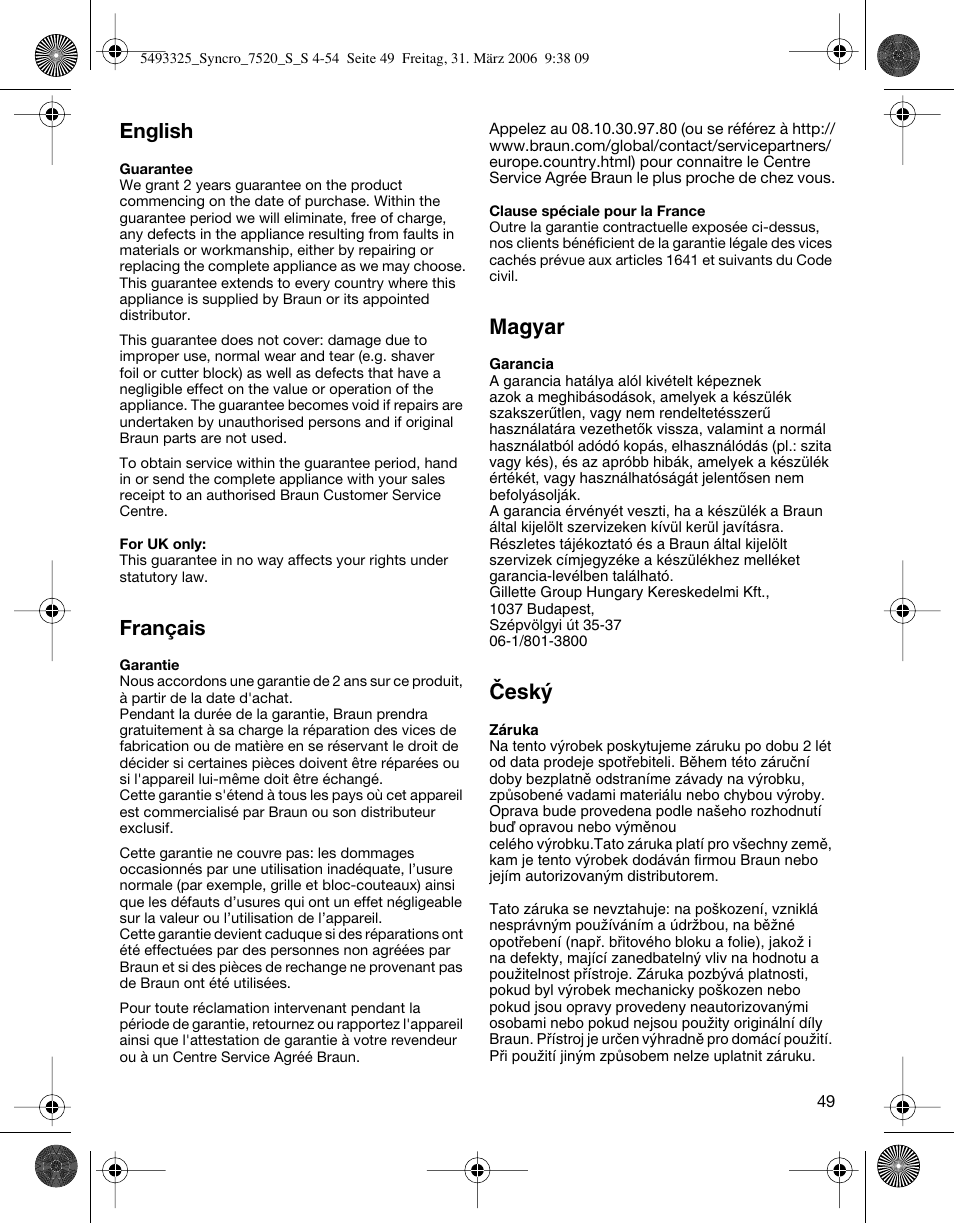 English, Français, Magyar | Âesk | Braun 7515 User Manual | Page 49 / 53