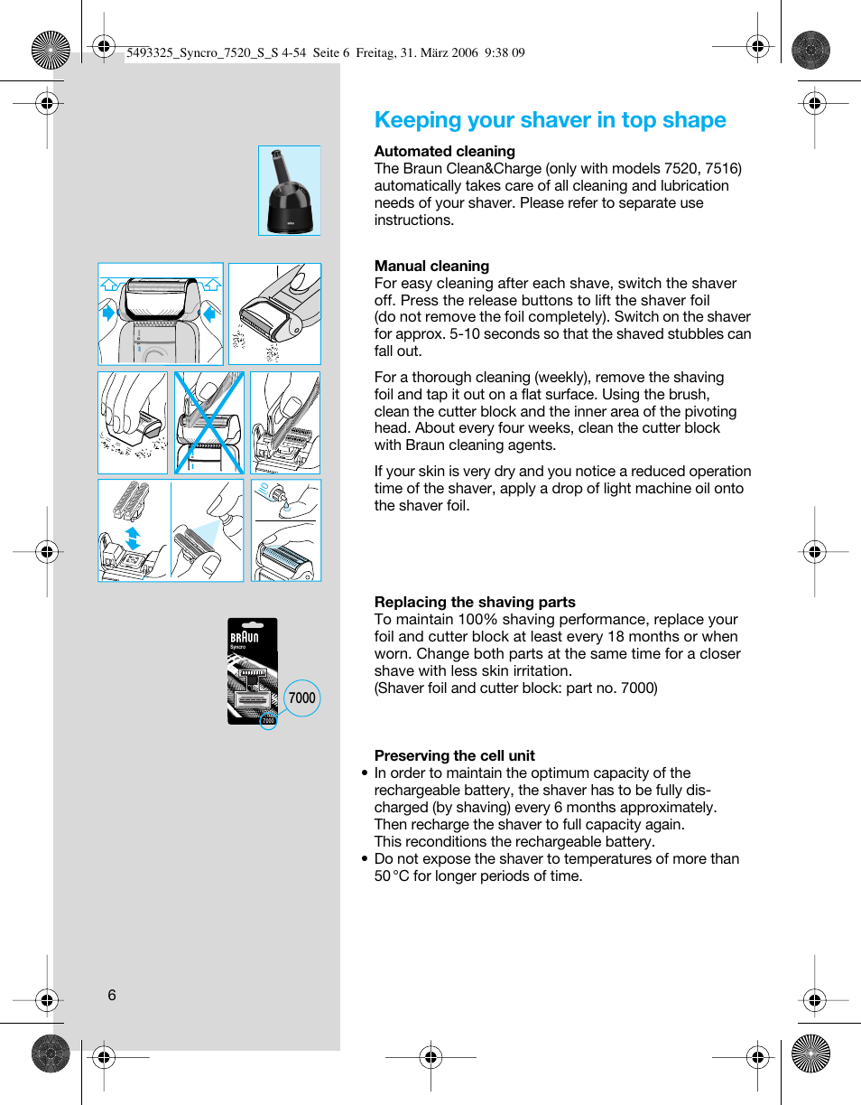 Keeping your shaver in top shape | Braun 7515 User Manual | Page 6 / 53