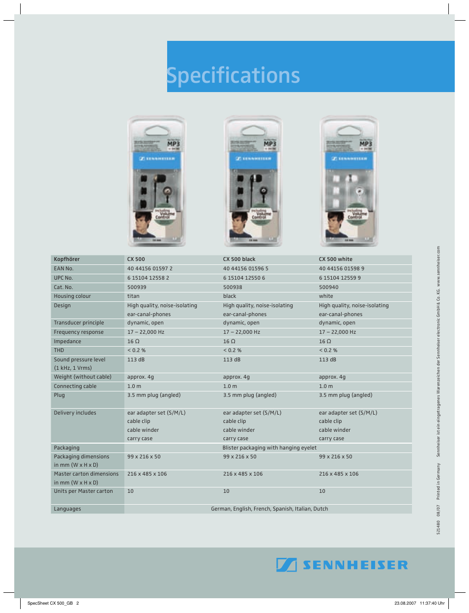 Speciﬁ cations | Sennheiser CX 500 black User Manual | Page 2 / 2