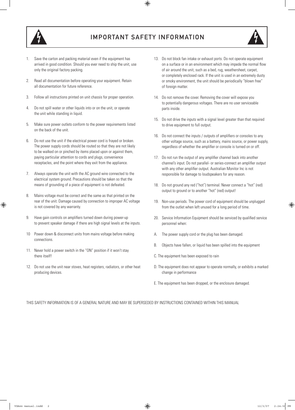 Important safety information | Australian Monitor VGA44 User Manual | Page 2 / 8