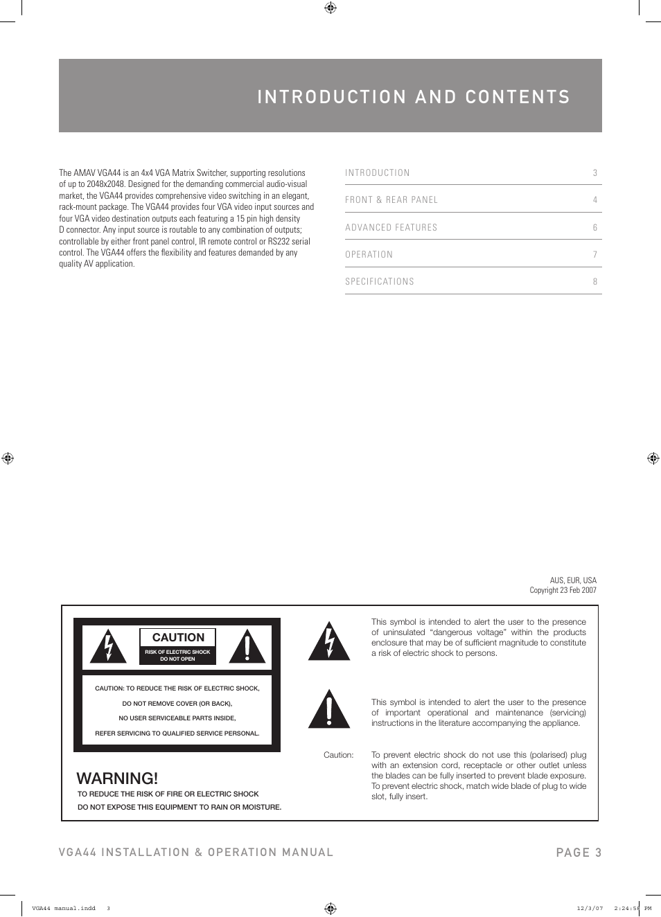 Warning, Pag e 3, Caution | Australian Monitor VGA44 User Manual | Page 3 / 8