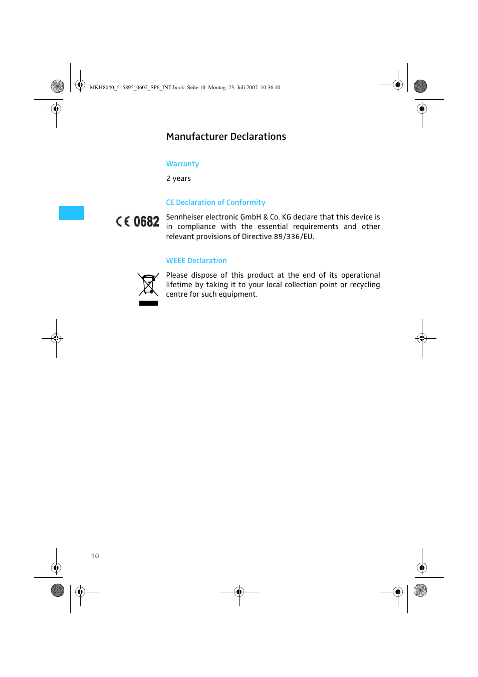 Manufacturer declarations | Sennheiser MKH 8040 User Manual | Page 12 / 13