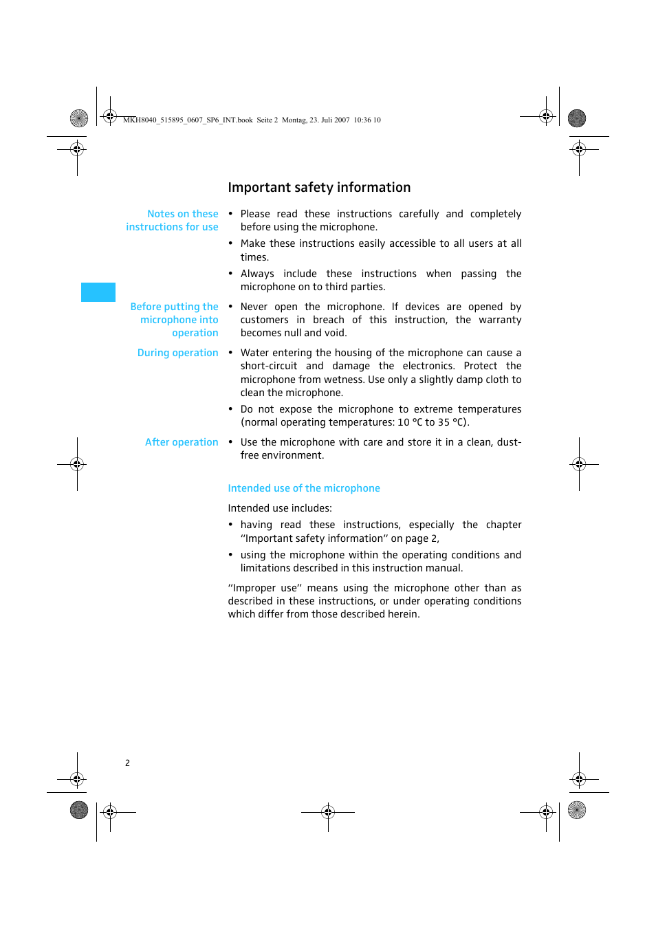Important safety information | Sennheiser MKH 8040 User Manual | Page 4 / 13