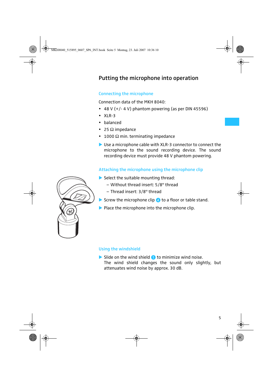 Putting the microphone into operation, Connecting the microphone, Attaching the microphone using the microphone clip | Using the windshield | Sennheiser MKH 8040 User Manual | Page 7 / 13