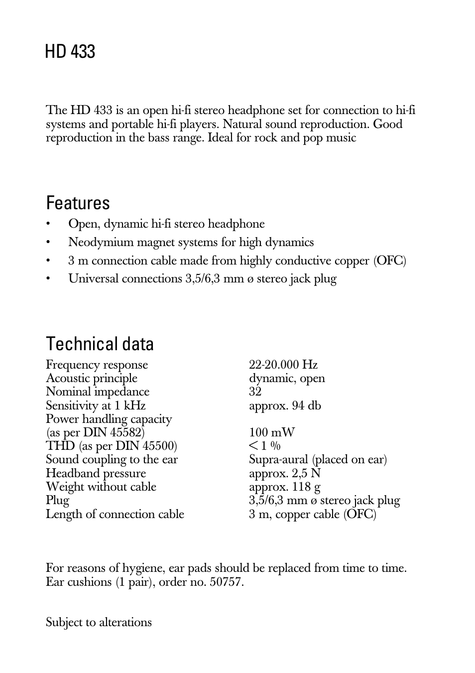 Instructions for use, Hd 433, Features | Technical data | Sennheiser HD 433 User Manual | Page 3 / 8