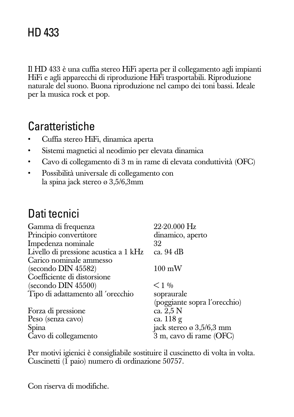 Istruzioni per l'uso, Hd 433, Caratteristiche | Dati tecnici | Sennheiser HD 433 User Manual | Page 5 / 8