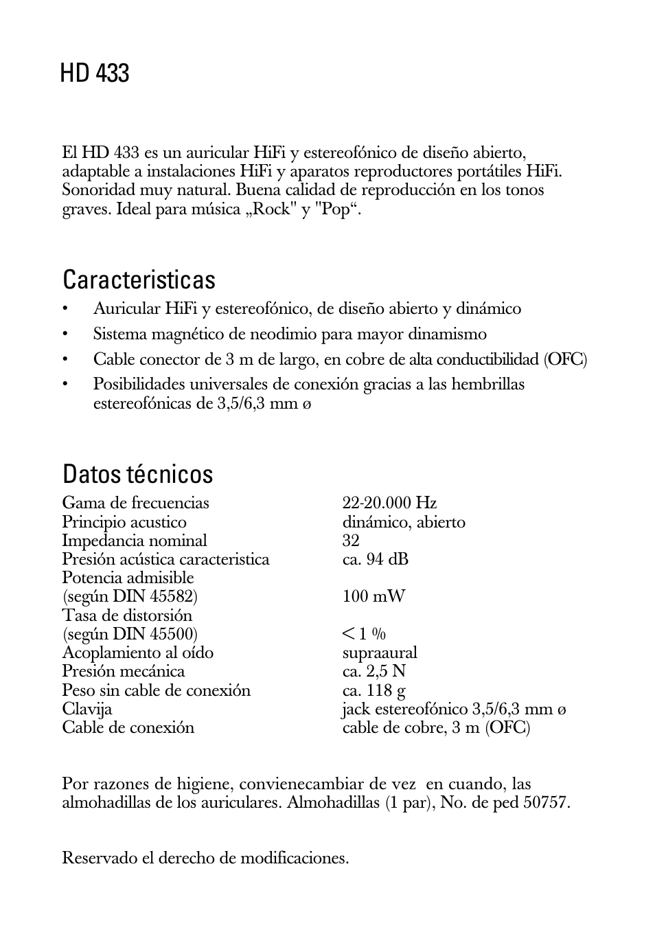 Instrucciones para el uso, Caracteristicas, Datos técnicos | Hd 433 | Sennheiser HD 433 User Manual | Page 6 / 8