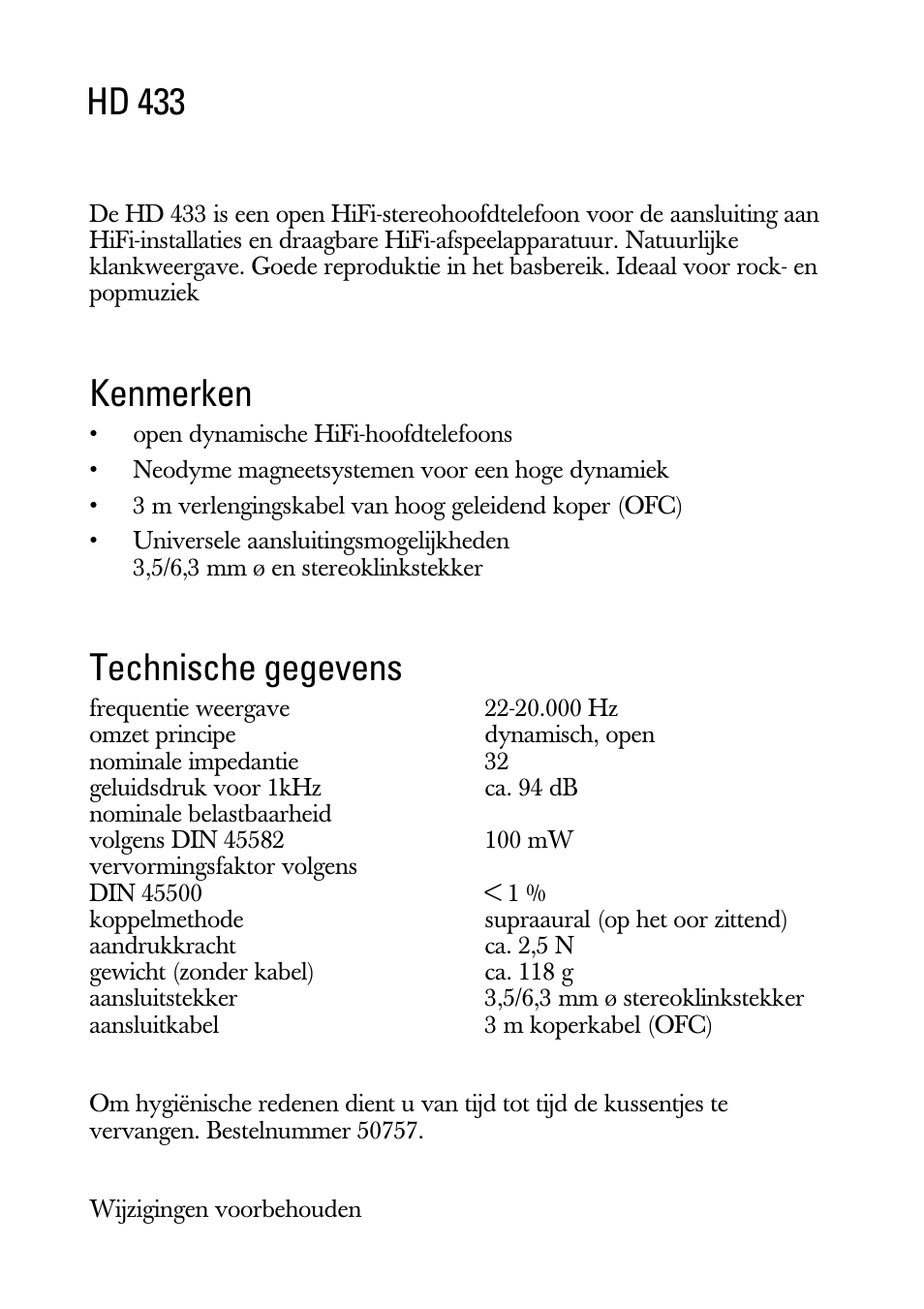 Gebruiksaanwijzing, Kenmerken, Technische gegevens | Hd 433 | Sennheiser HD 433 User Manual | Page 7 / 8