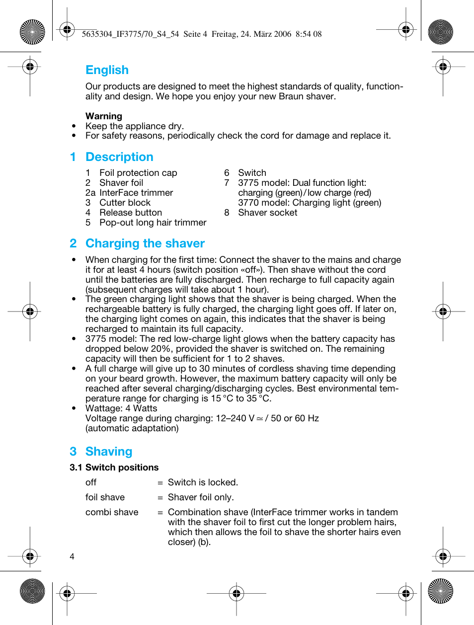 English, 1 description, 2 charging the shaver | 3 shaving | Braun 3775 User Manual | Page 4 / 50