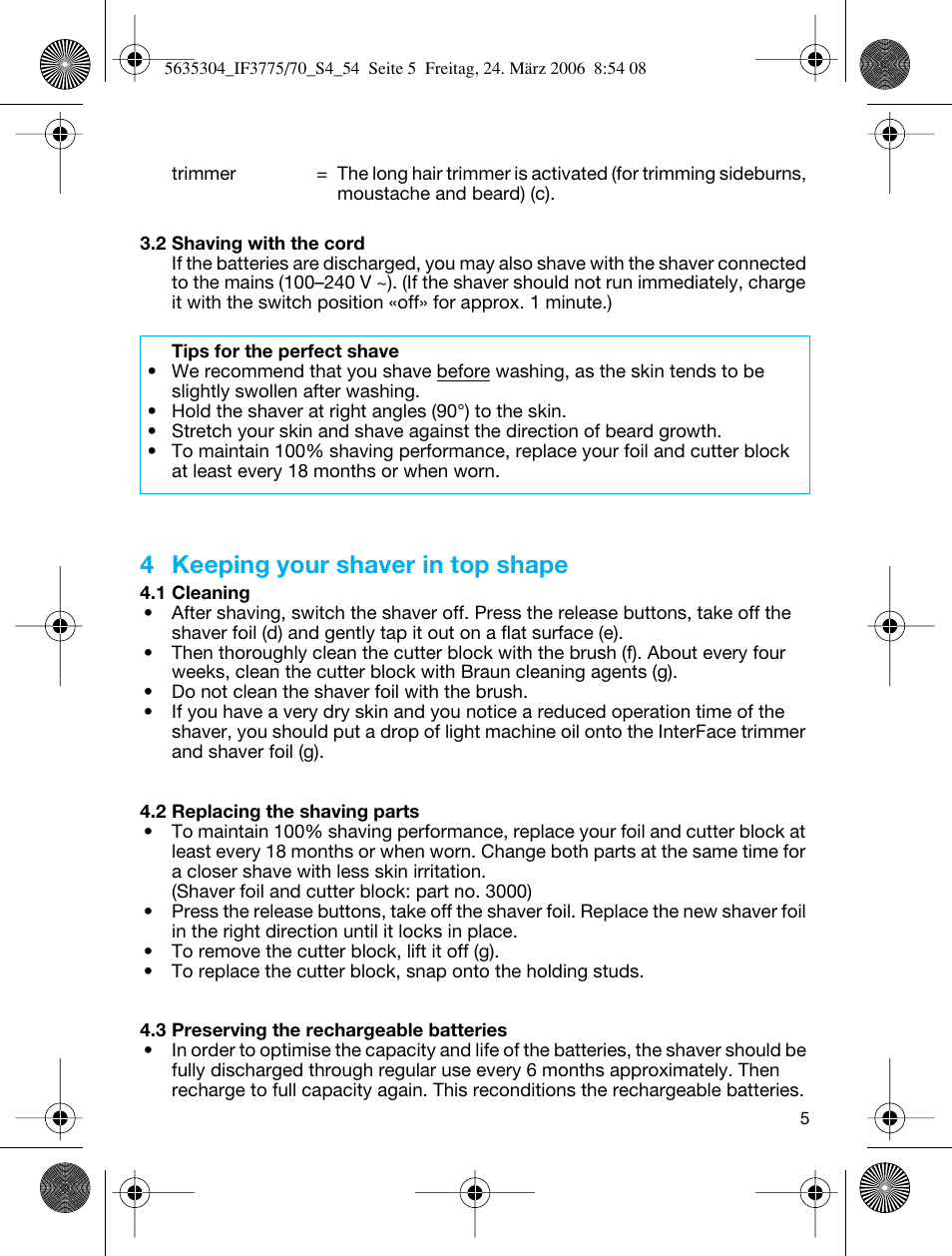 4 keeping your shaver in top shape | Braun 3775 User Manual | Page 5 / 50