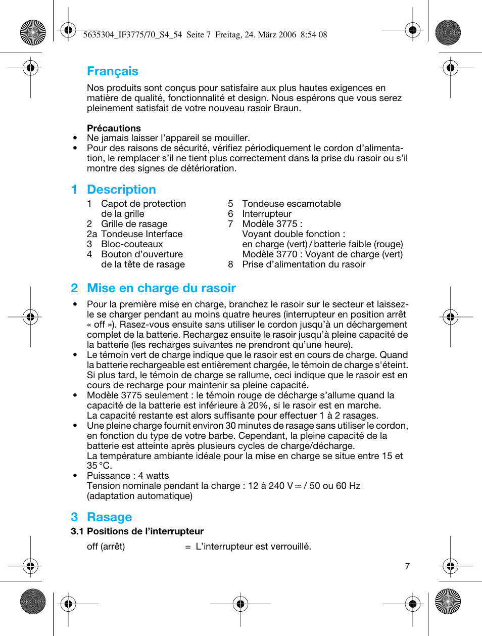 Français, 1 description, 2 mise en charge du rasoir | 3 rasage | Braun 3775 User Manual | Page 7 / 50
