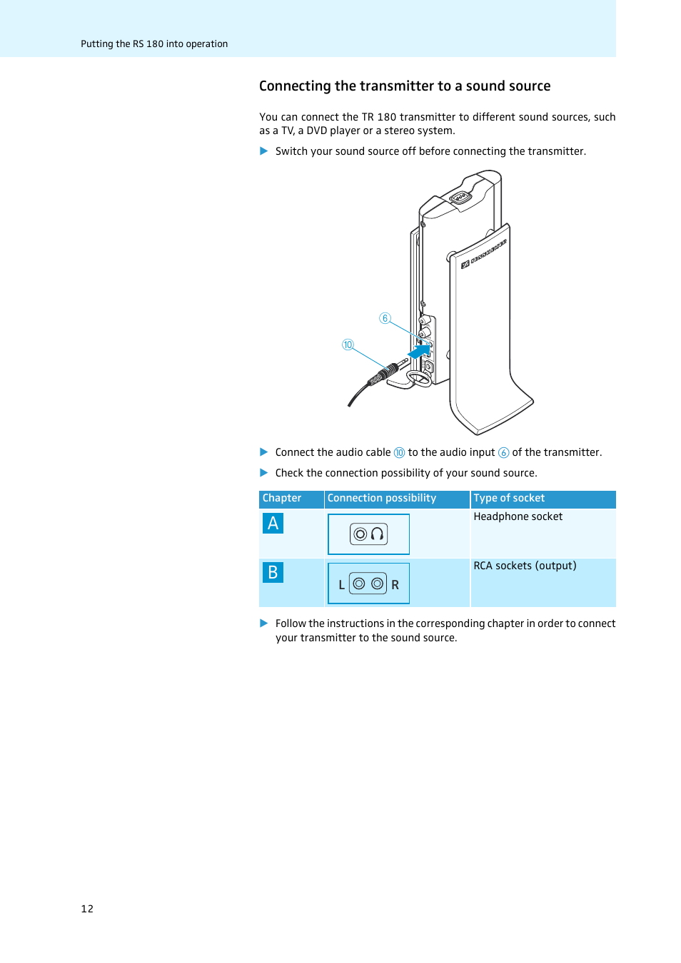 Connecting the transmitter to a sound source | Sennheiser 502875 User Manual | Page 13 / 38