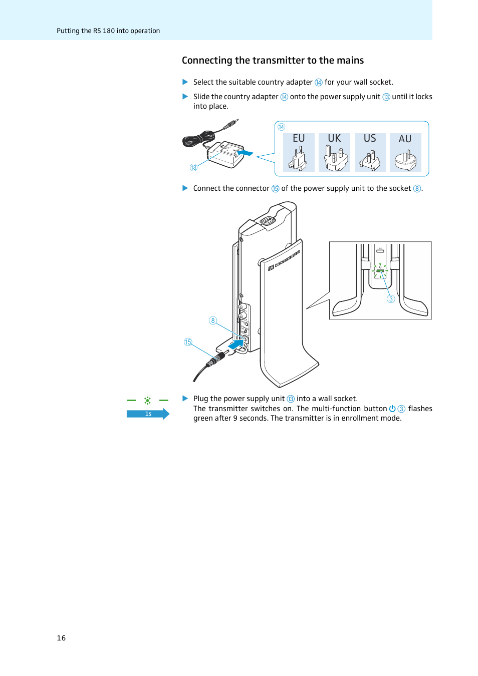 Connecting the transmitter to the mains, Eu uk us | Sennheiser 502875 User Manual | Page 17 / 38