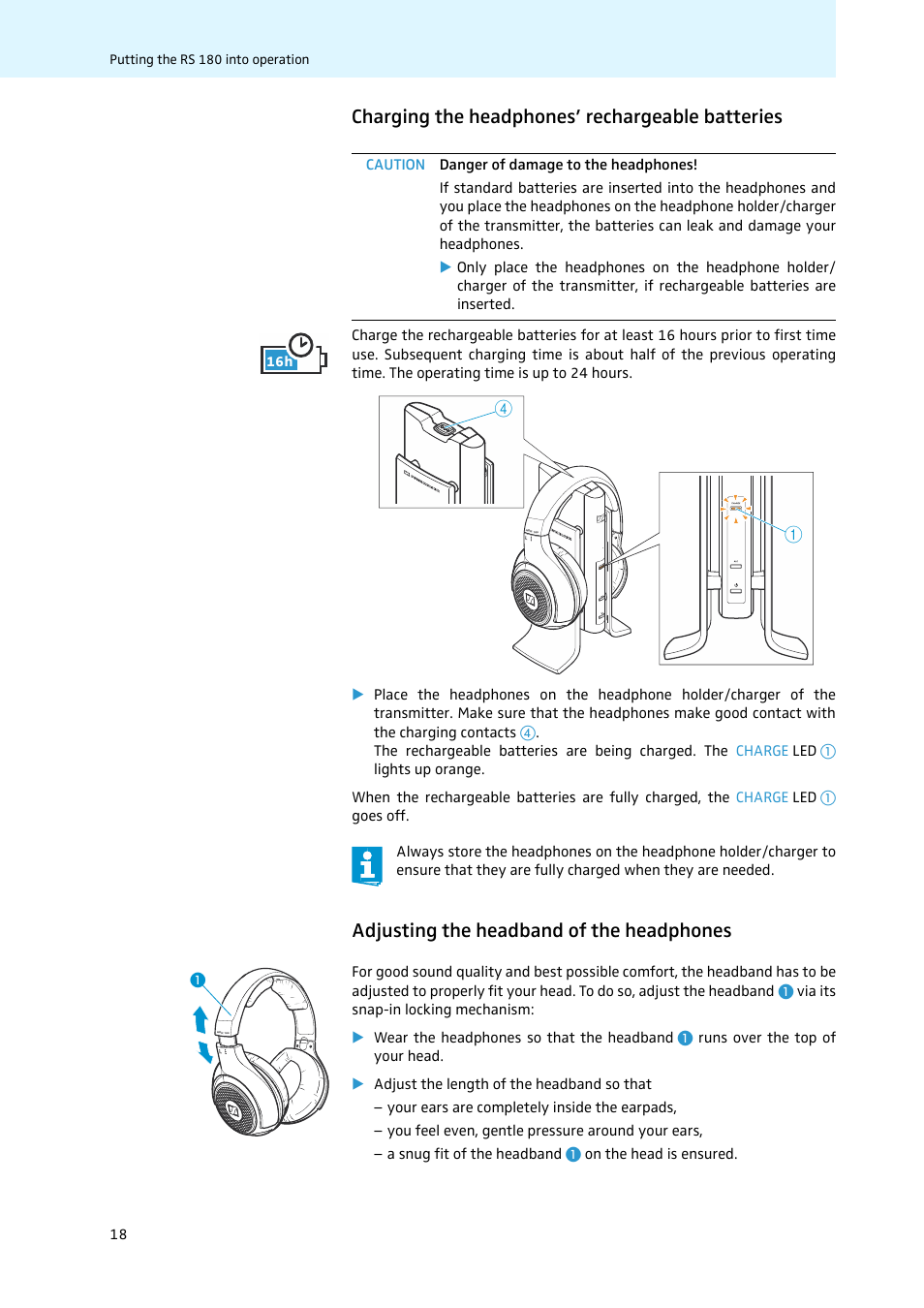 Charging the headphones’ rechargeable batteries, Adjusting the headband of the headphones | Sennheiser 502875 User Manual | Page 19 / 38