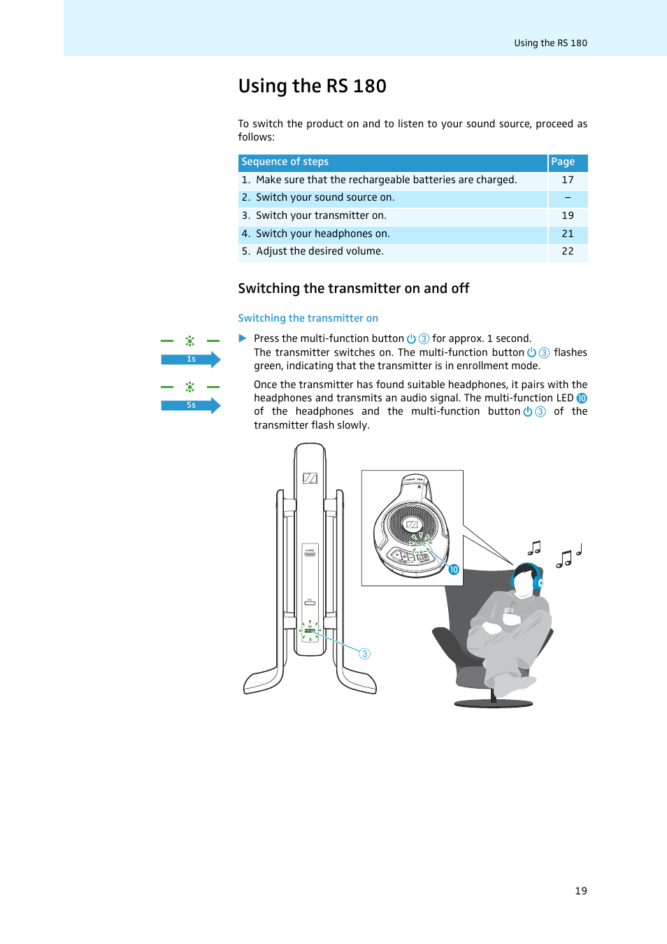 Using the rs 180, Switching the transmitter on and off | Sennheiser 502875 User Manual | Page 20 / 38