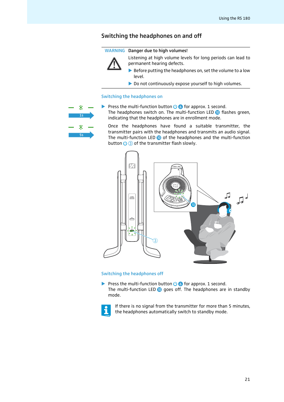 Switching the headphones on and off | Sennheiser 502875 User Manual | Page 22 / 38