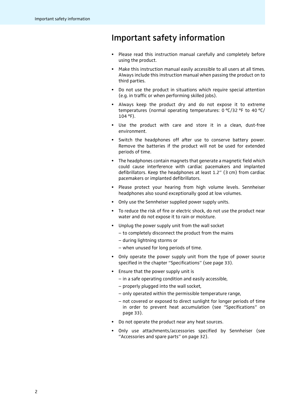 Important safety information | Sennheiser 502875 User Manual | Page 3 / 38