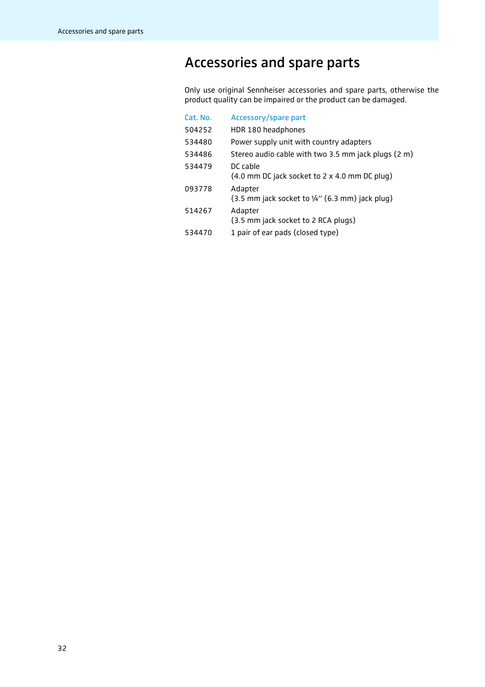 Accessories and spare parts | Sennheiser 502875 User Manual | Page 33 / 38