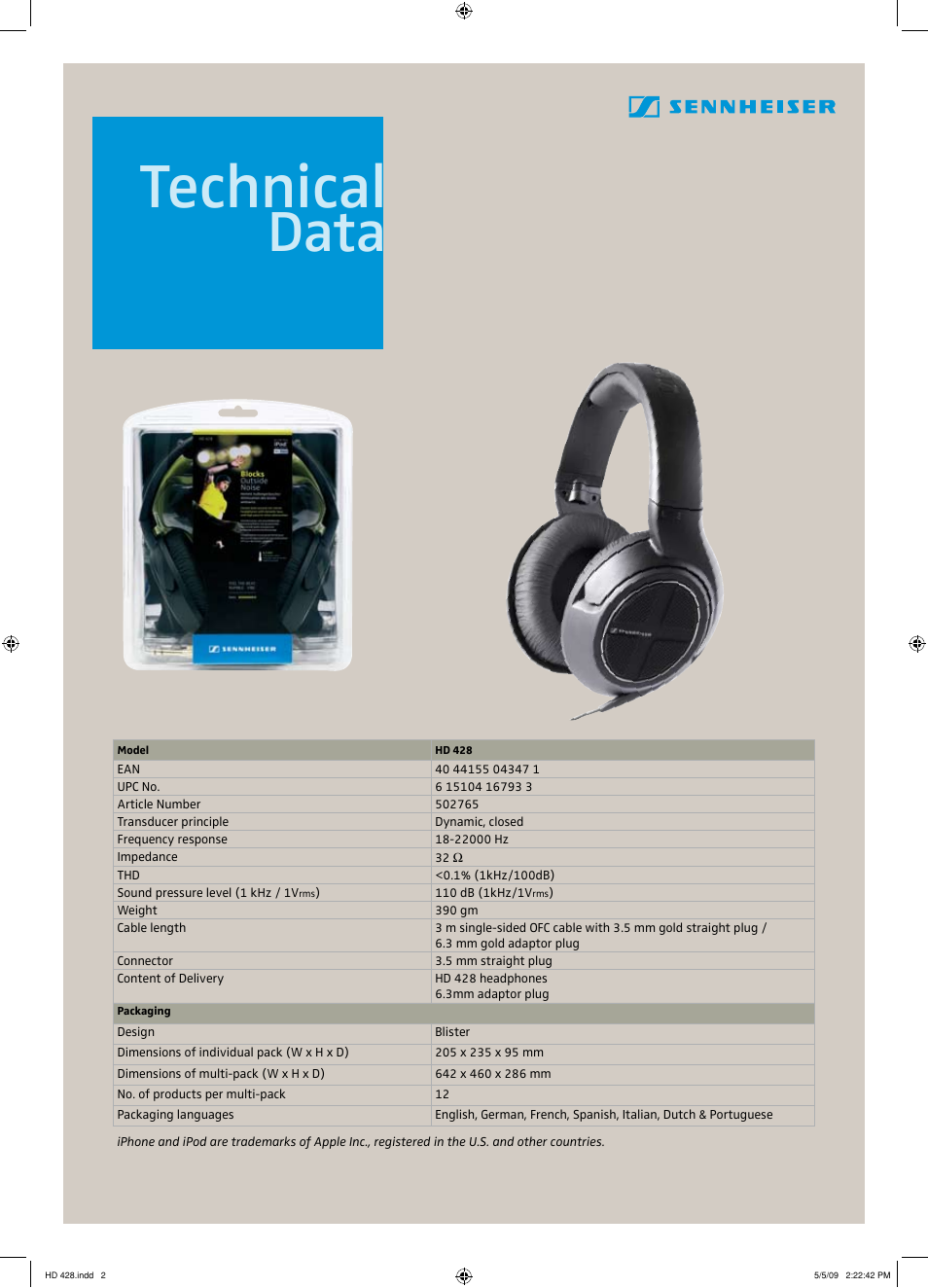 Technical, Data | Sennheiser HD 428 User Manual | Page 2 / 2