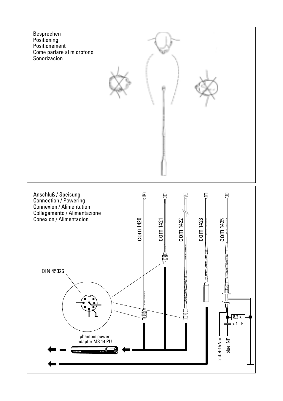 Besprechen, Anschluß / speisung, Positioning | Connection / powering, Positionement, Connexion / alimentation, Come parlare al microfono, Collegamento / alimentazione, Sonorizacion, Conexion / alimentacion | Sennheiser COM 1420 User Manual | Page 7 / 8