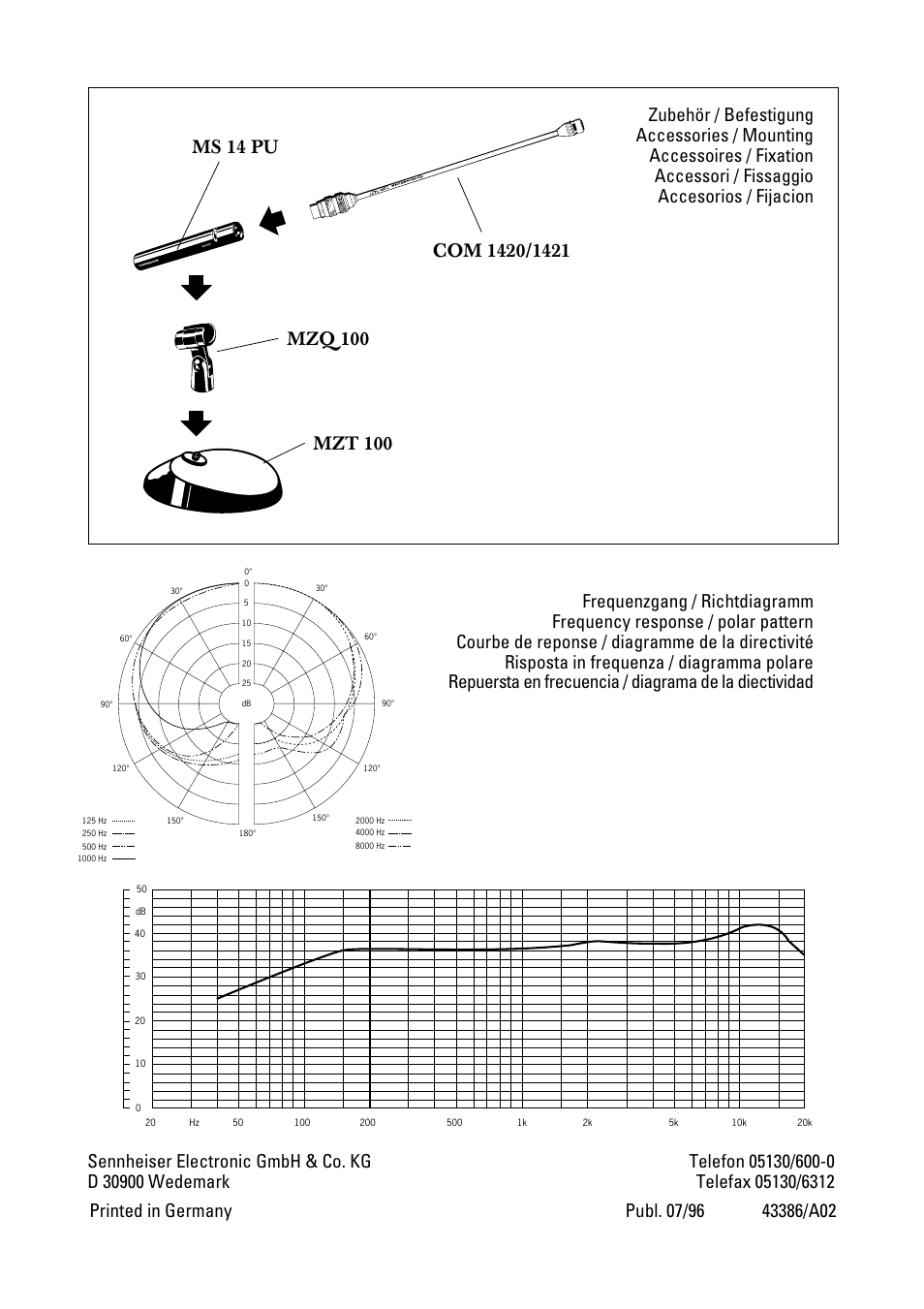 Zubehör / befestigung, Frequenzgang / richtdiagramm, Accessories / mounting | Frequency response / polar pattern, Accessoires / fixation, Courbe de reponse / diagramme de la directivité, Accessori / fissaggio, Risposta in frequenza / diagramma polare, Accesorios / fijacion | Sennheiser COM 1420 User Manual | Page 8 / 8