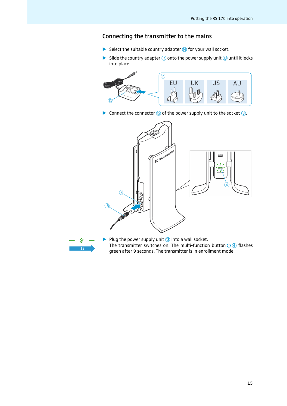 Connecting the transmitter to the mains, Eu uk us | Sennheiser 502874 User Manual | Page 16 / 37