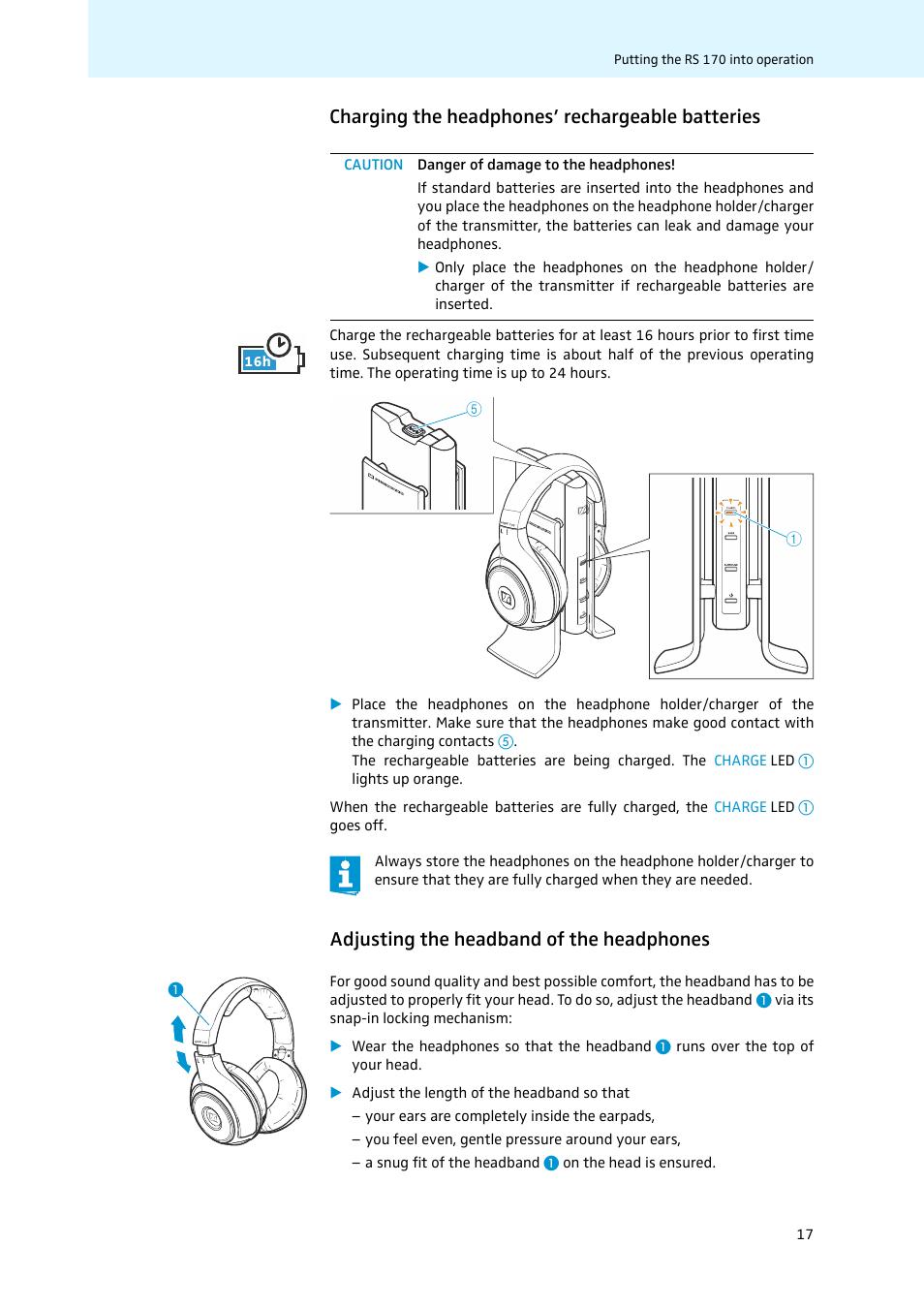 Charging the headphones’ rechargeable batteries, Adjusting the headband of the headphones | Sennheiser 502874 User Manual | Page 18 / 37