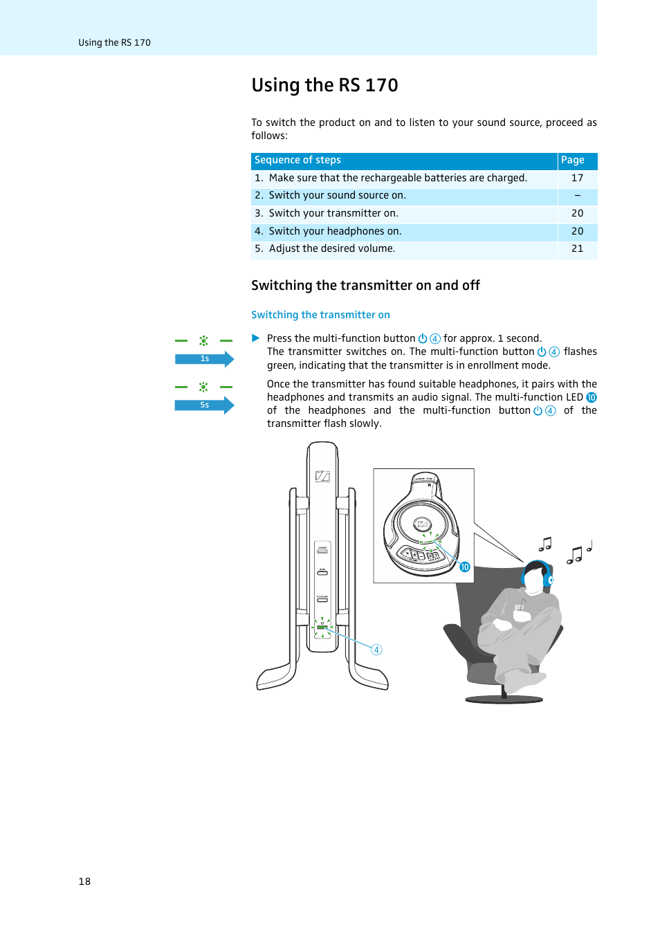 Using the rs 170, Switching the transmitter on and off | Sennheiser 502874 User Manual | Page 19 / 37