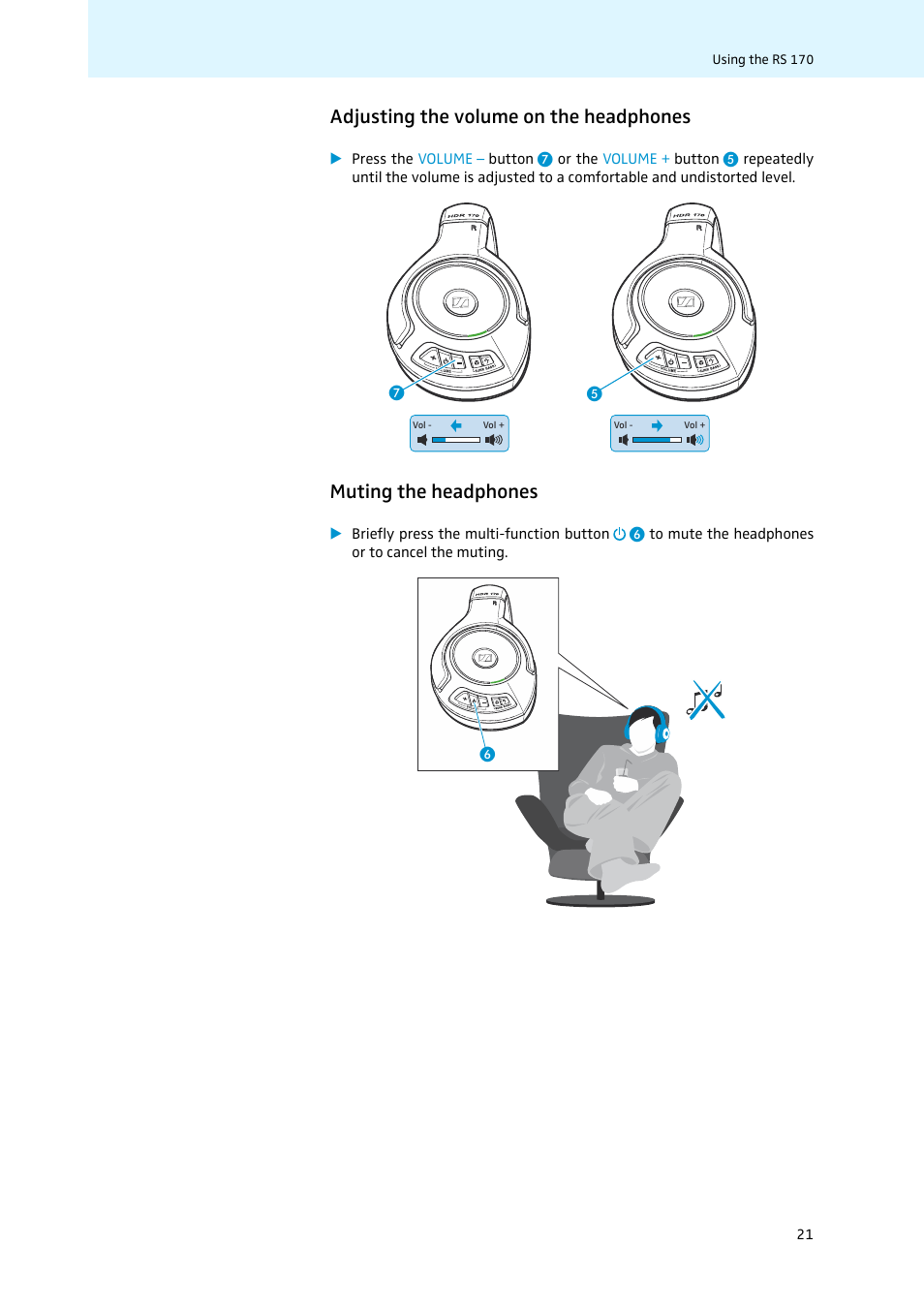 Adjusting the volume on the headphones, Muting the headphones | Sennheiser 502874 User Manual | Page 22 / 37