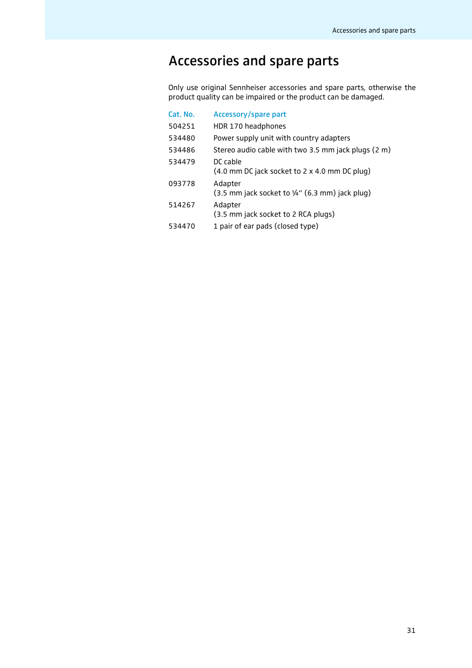 Accessories and spare parts | Sennheiser 502874 User Manual | Page 32 / 37