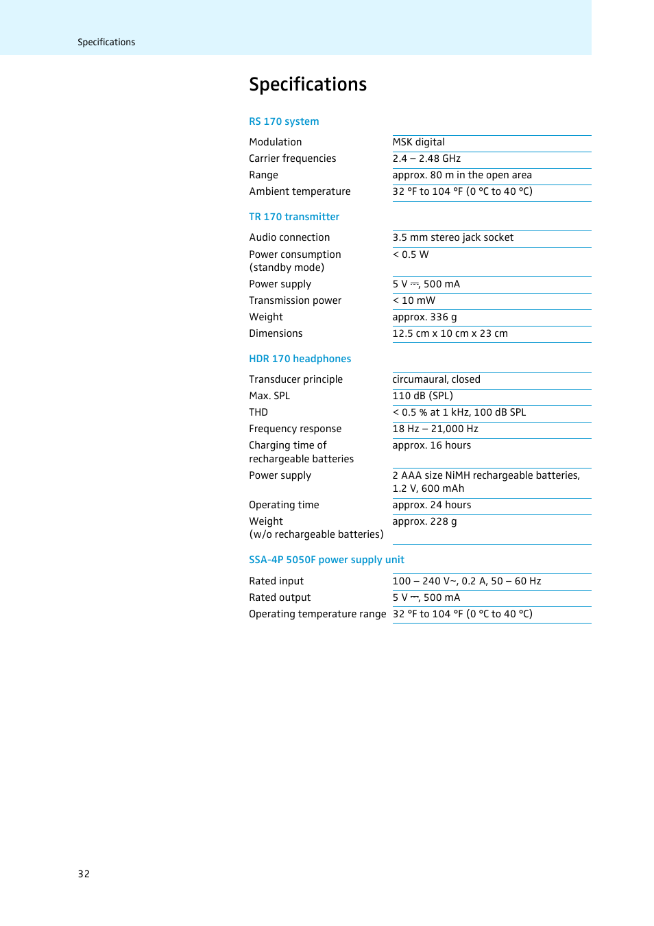 Specifications | Sennheiser 502874 User Manual | Page 33 / 37