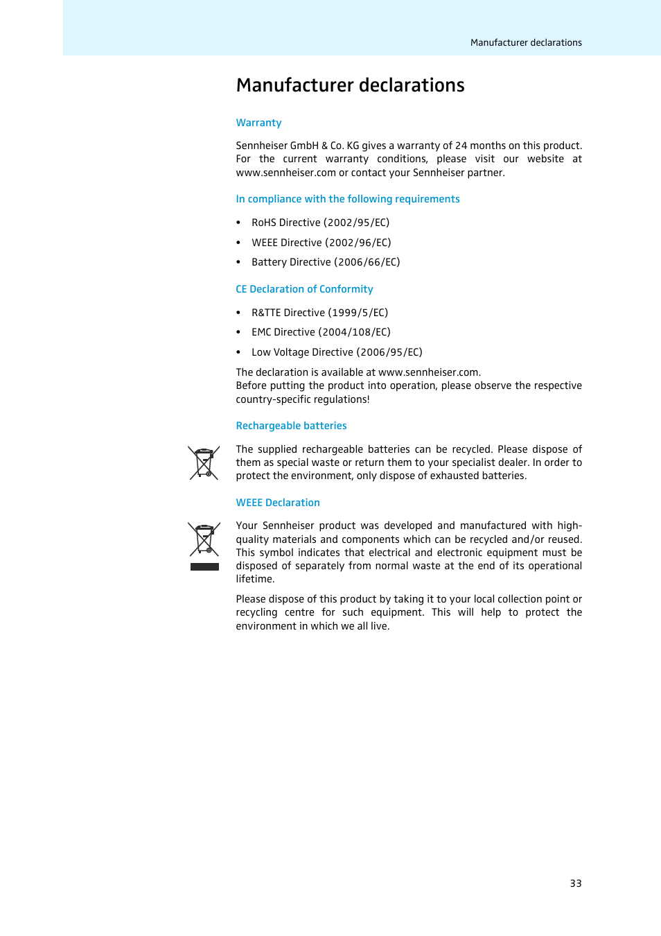 Manufacturer declarations | Sennheiser 502874 User Manual | Page 34 / 37