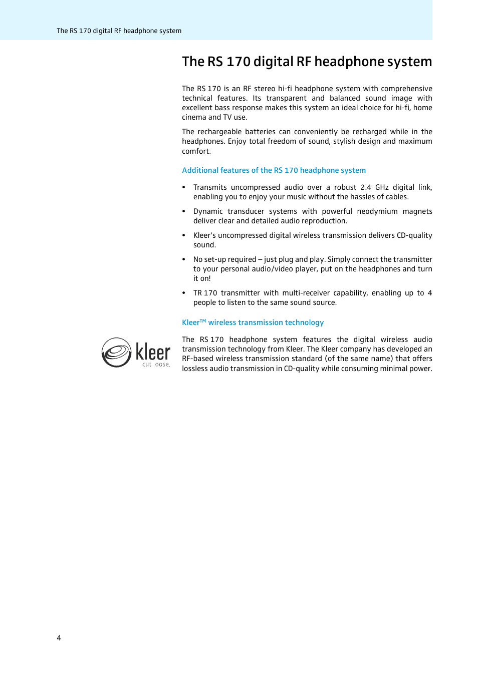 The rs 170 digital rf headphone system | Sennheiser 502874 User Manual | Page 5 / 37