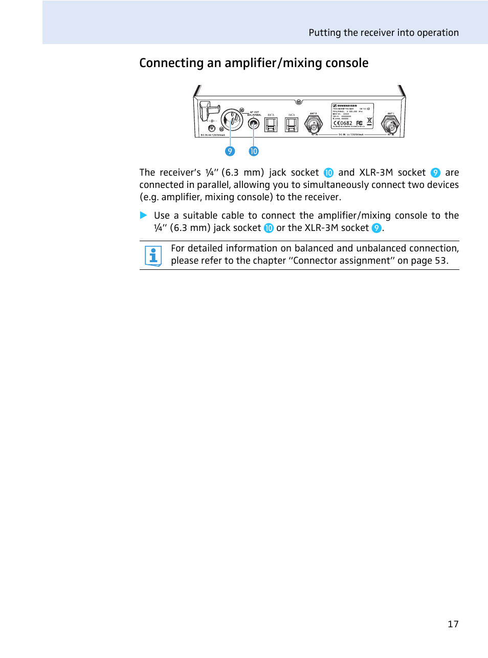 Connecting an amplifier/mixing console | Sennheiser evolution wireless series EM 100 User Manual | Page 18 / 59