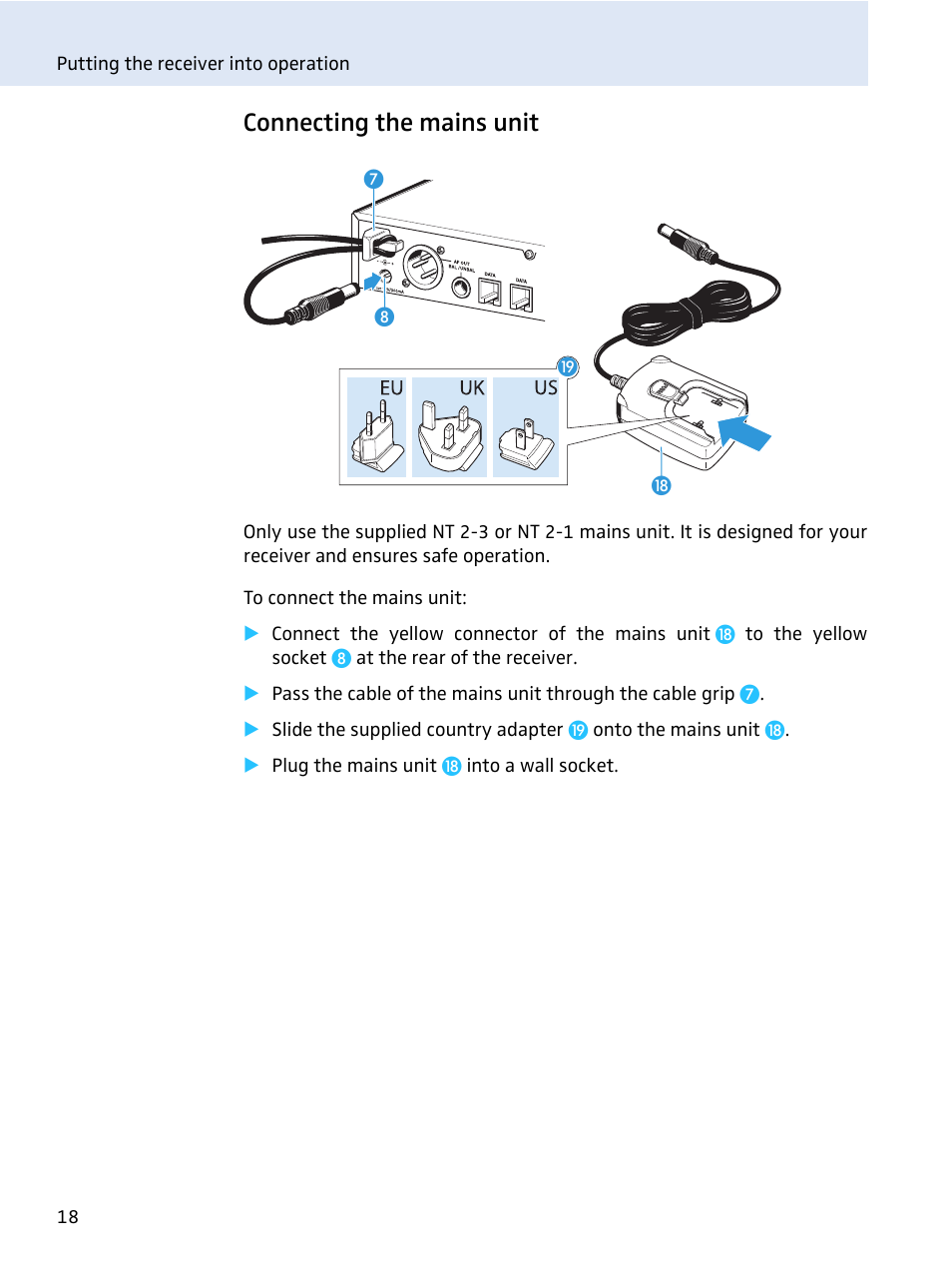 Connecting the mains unit | Sennheiser evolution wireless series EM 100 User Manual | Page 19 / 59