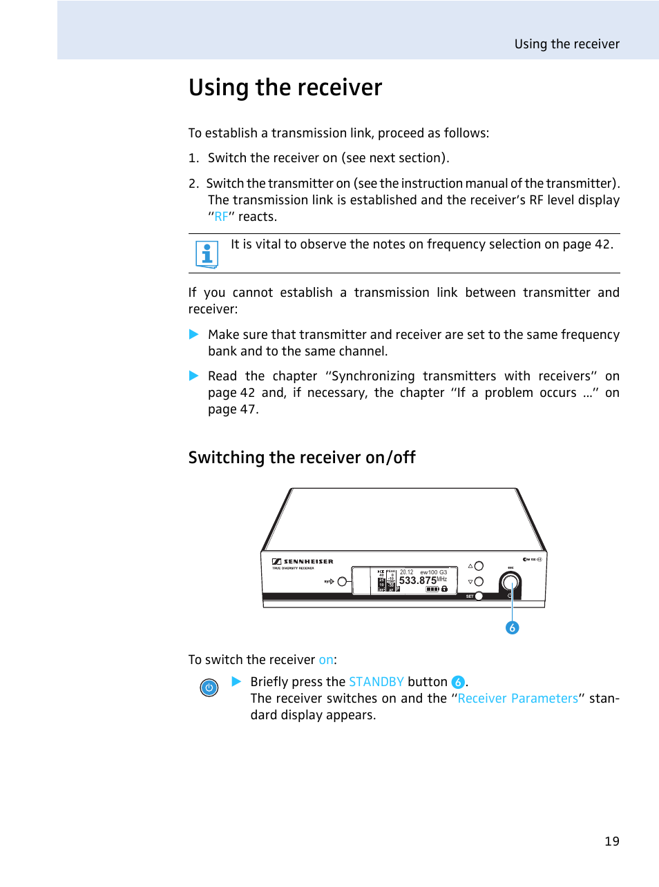 Using the receiver, Switching the receiver on/off, Using the receiver 19 | Sennheiser evolution wireless series EM 100 User Manual | Page 20 / 59