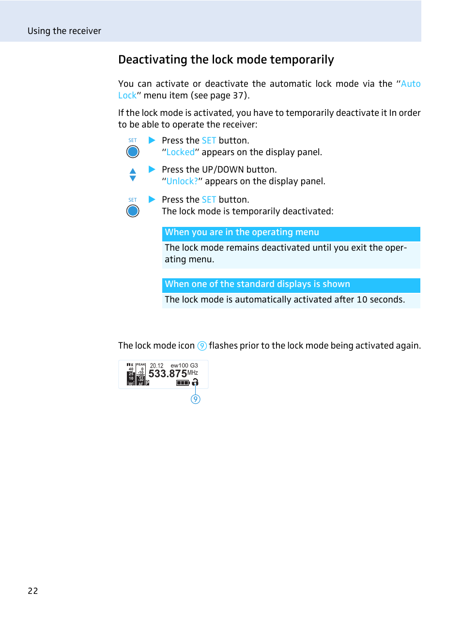 Deactivating the lock mode temporarily | Sennheiser evolution wireless series EM 100 User Manual | Page 23 / 59