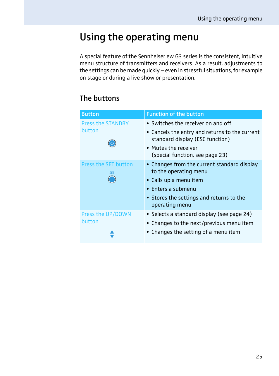 Using the operating menu, The buttons | Sennheiser evolution wireless series EM 100 User Manual | Page 26 / 59