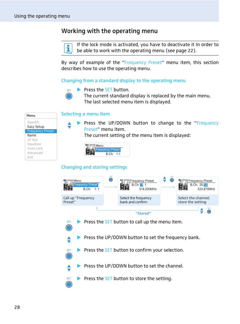 Working with the operating menu, Using the operating menu 28 | Sennheiser evolution wireless series EM 100 User Manual | Page 29 / 59