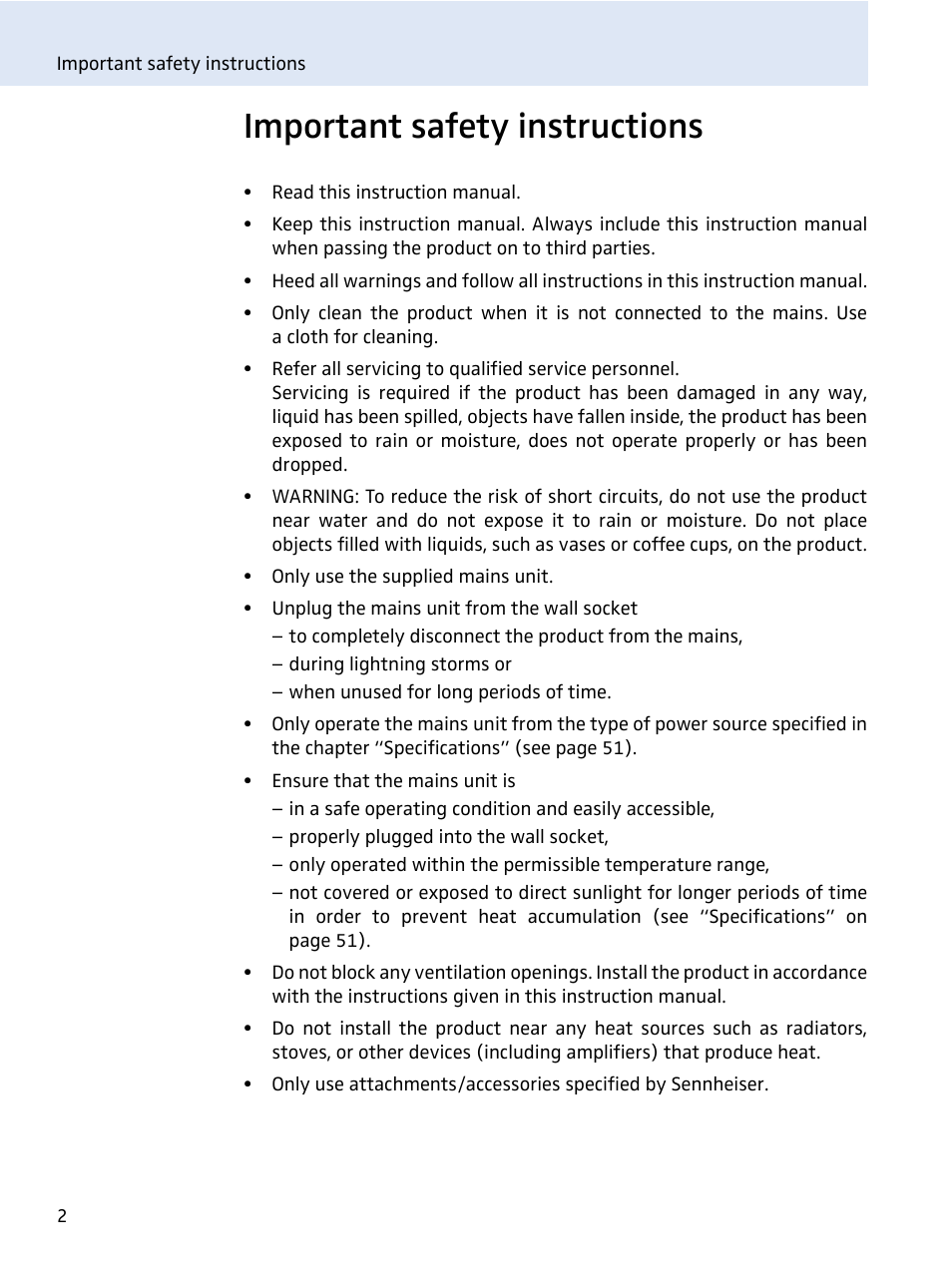 Important safety instructions | Sennheiser evolution wireless series EM 100 User Manual | Page 3 / 59