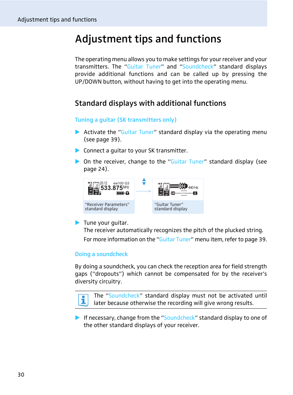 Adjustment tips and functions, Standard displays with additional functions, Adjustment tips and functions 30 | Sennheiser evolution wireless series EM 100 User Manual | Page 31 / 59