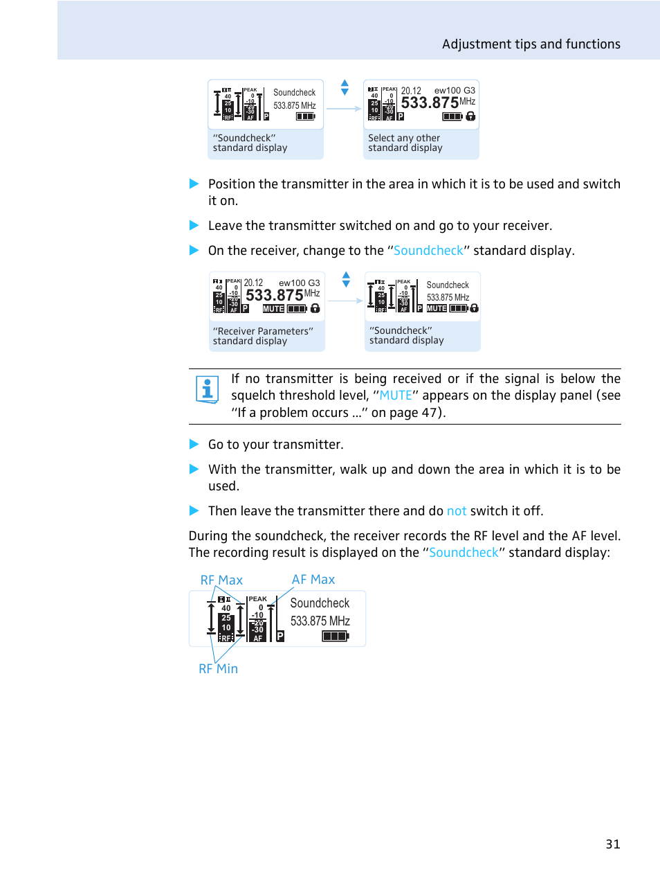 Af max rf max rf min, 875 mhz soundcheck | Sennheiser evolution wireless series EM 100 User Manual | Page 32 / 59