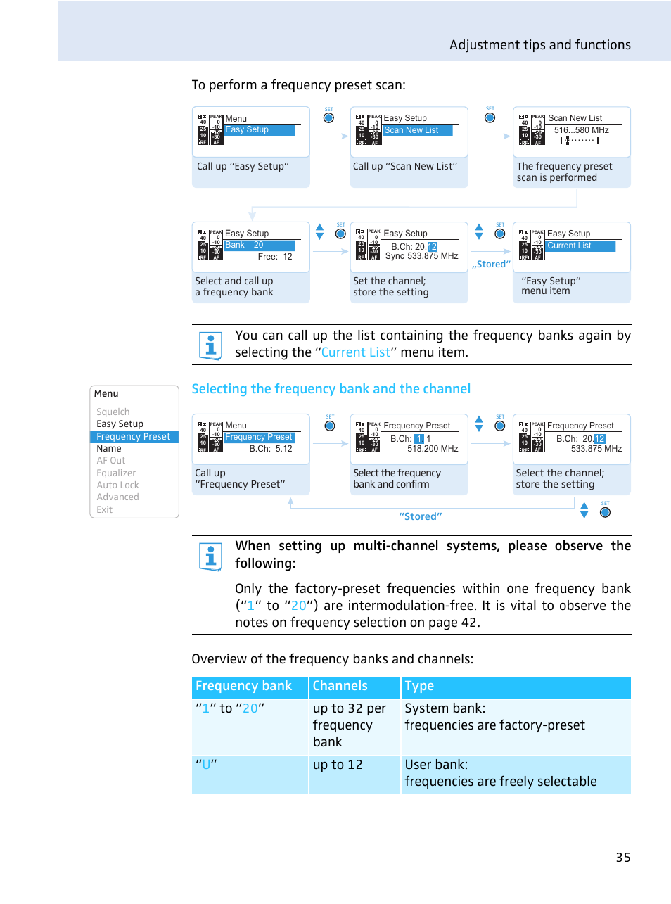 Easy setup” menu item, Stored | Sennheiser evolution wireless series EM 100 User Manual | Page 36 / 59